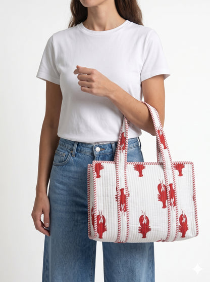 Lobster Love – White Quilted Tote & Pouch Set