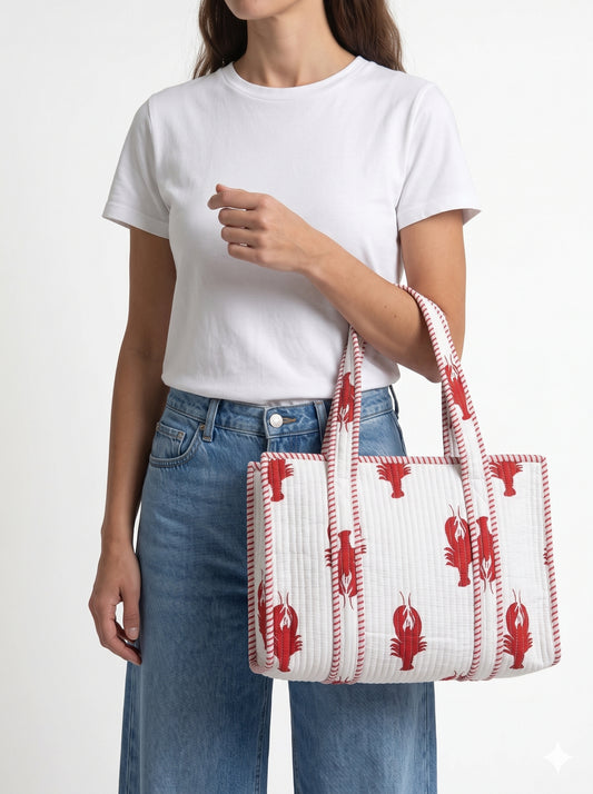 Lobster Love – White Quilted Tote & Pouch Set