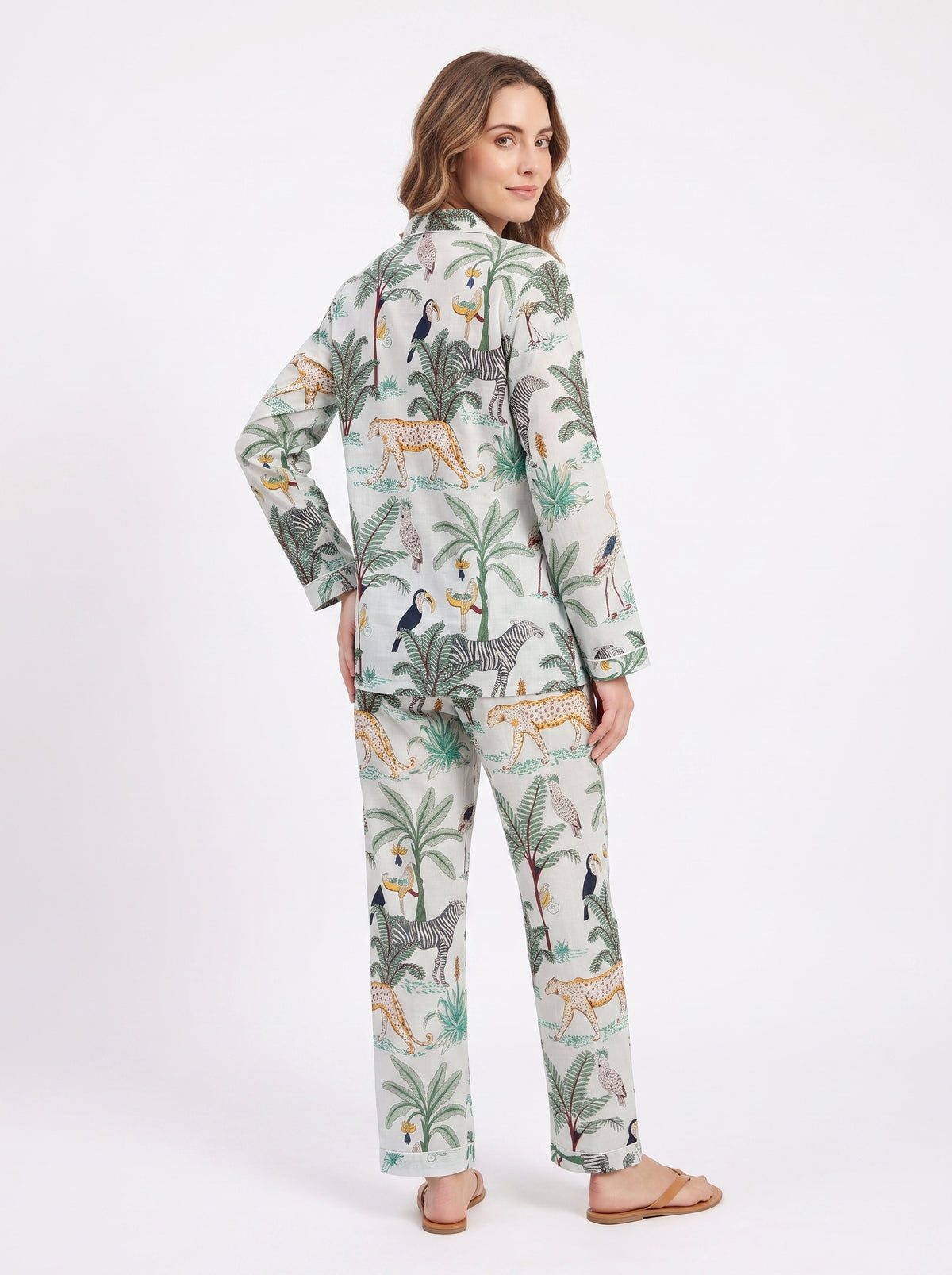 Women's White Safari – Elegant Two Piece Cotton Pajama Set