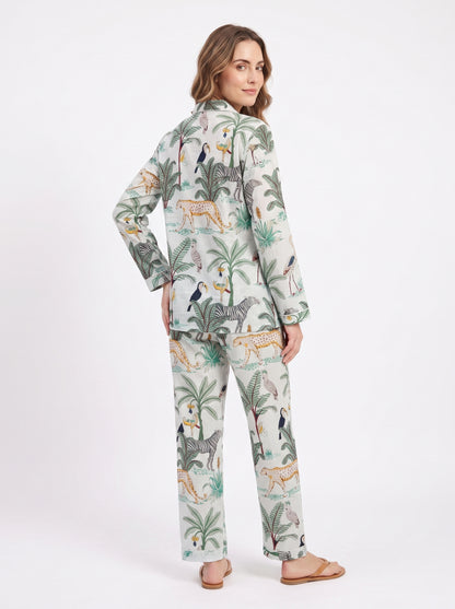 Women's White Safari – Elegant Two Piece Cotton Pajama Set