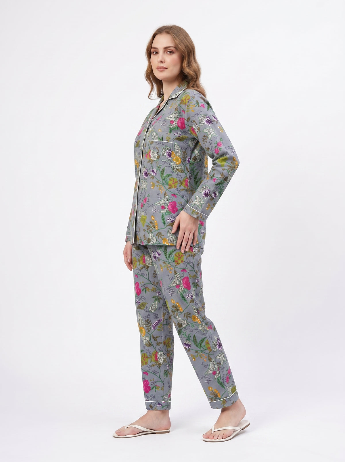Women's Grey Garden Whispers – Elegant Two Piece Cotton Pajama Set