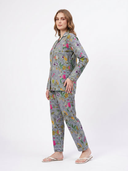 Women's Grey Garden Whispers – Elegant Two Piece Cotton Pajama Set