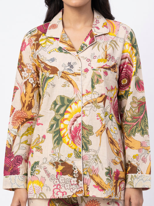 Women’s Beige Floral – Elegant Two Piece Cotton Pajama Set