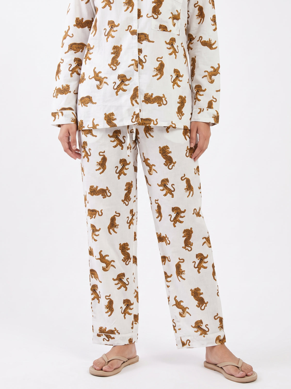 Women's White Tiger Dreams – Elegant Two Piece Cotton Pajama Set