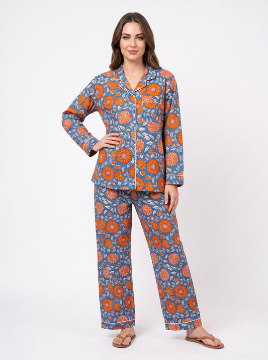 Women's Blue Orange Floral – Elegant Two Piece Cotton Pajama Set
