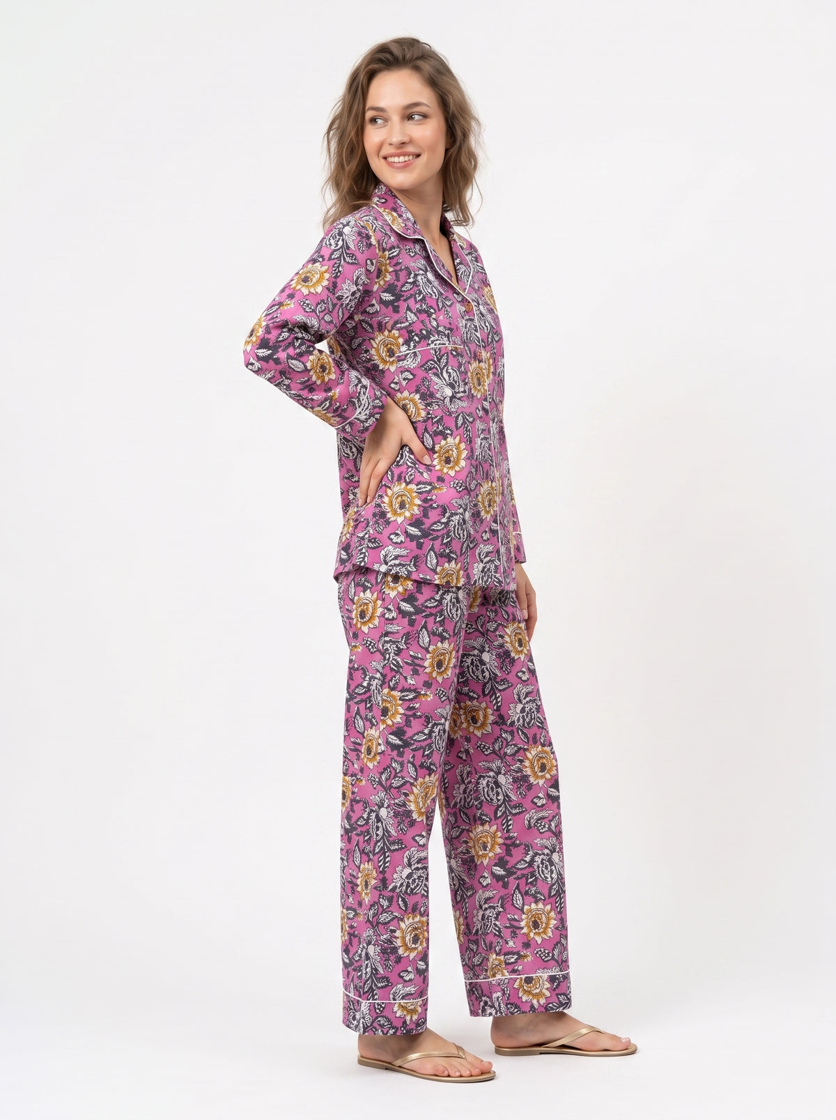 Women’s Pink Mini Floral – Elegant Two Piece Cotton Pajama Set