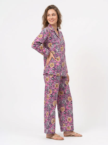 Women’s Pink Mini Floral – Elegant Two Piece Cotton Pajama Set