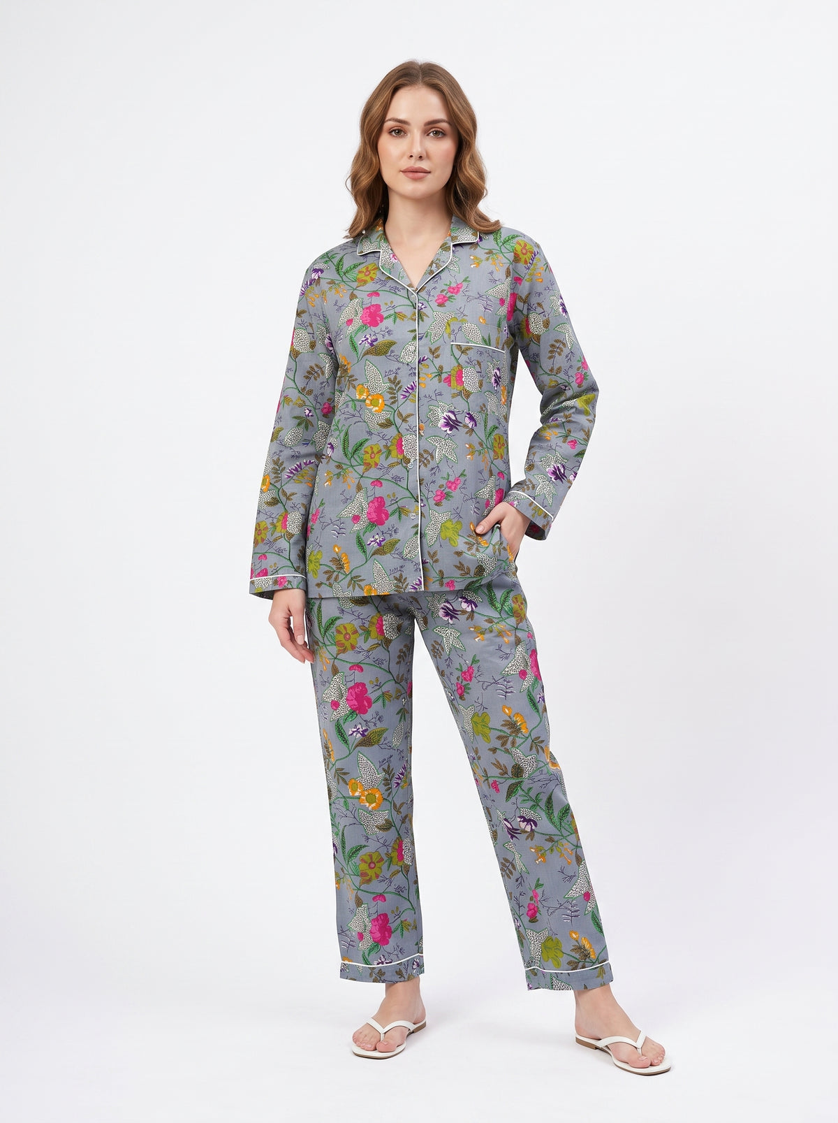 Women's Grey Garden Whispers – Elegant Two Piece Cotton Pajama Set