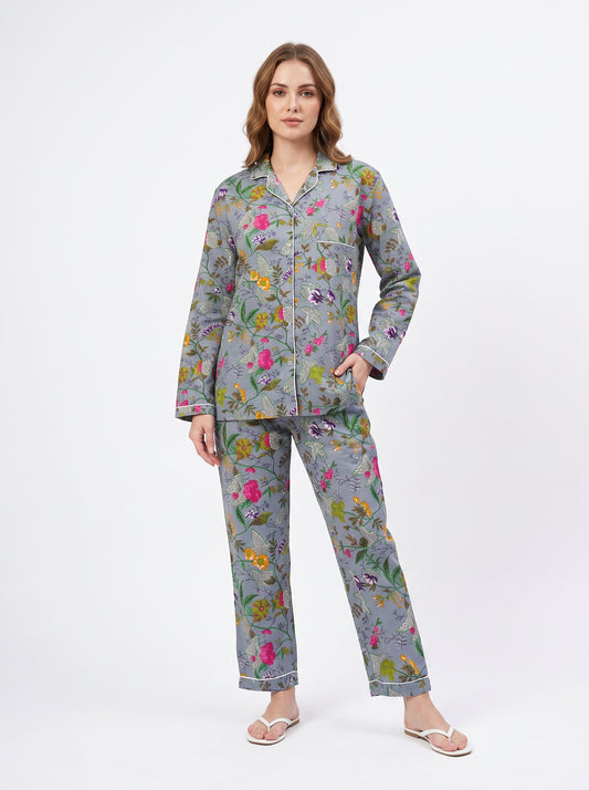 Women's Grey Garden Whispers – Elegant Two Piece Cotton Pajama Set