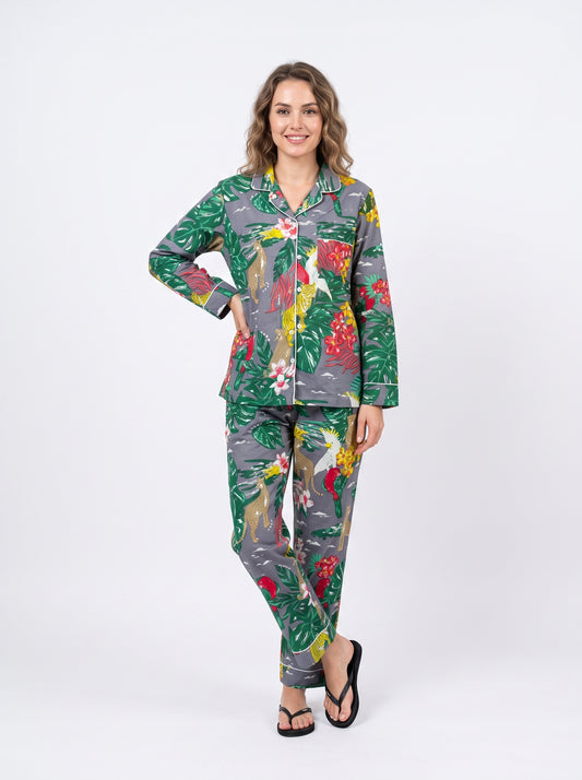 Women’s Grey Tropical Print Cotton Night Suit Set – Cute Two Piece Pajama Set