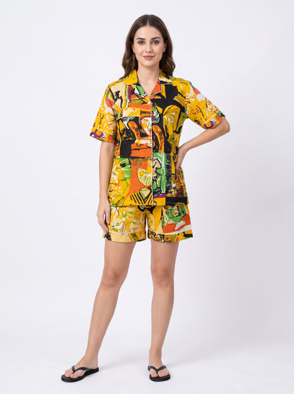 Women’s Yellow Abstract – Elegant Two Piece Short Pajama Set