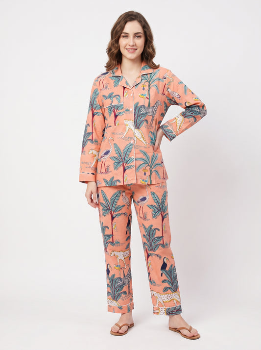 Women's Peach Safari – Elegant Two Piece Cotton Pajama Set