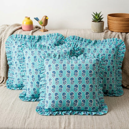 Blue Floral Hand Block Printed Cotton Cushion Cover Set of 5 – 18x18