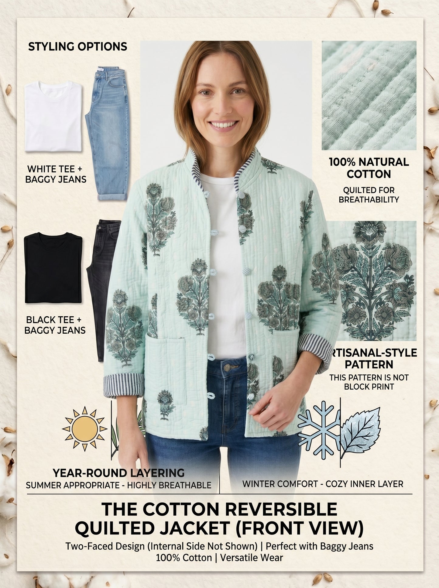 Minty Green Bloom - – Long Cotton Quilted Reversible Jacket