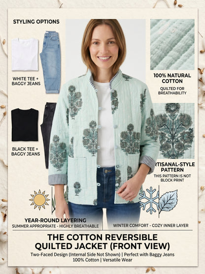 Minty Green Bloom - – Long Cotton Quilted Reversible Jacket