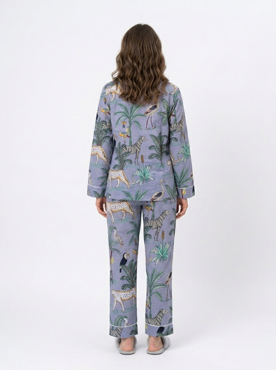 Women's Grey Safari Print Cotton Night Suit Set – Elegant Two Piece Pajama Set