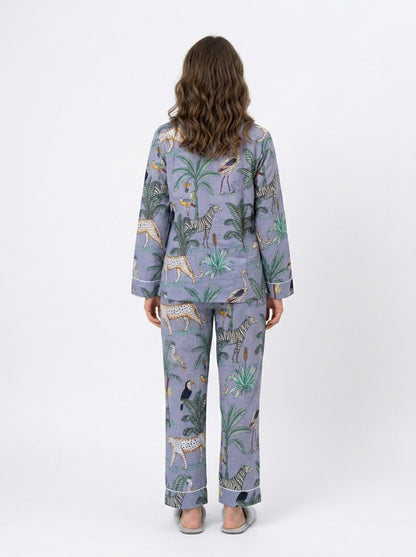 Women's Grey Safari Print Cotton Night Suit Set – Elegant Two Piece Pajama Set