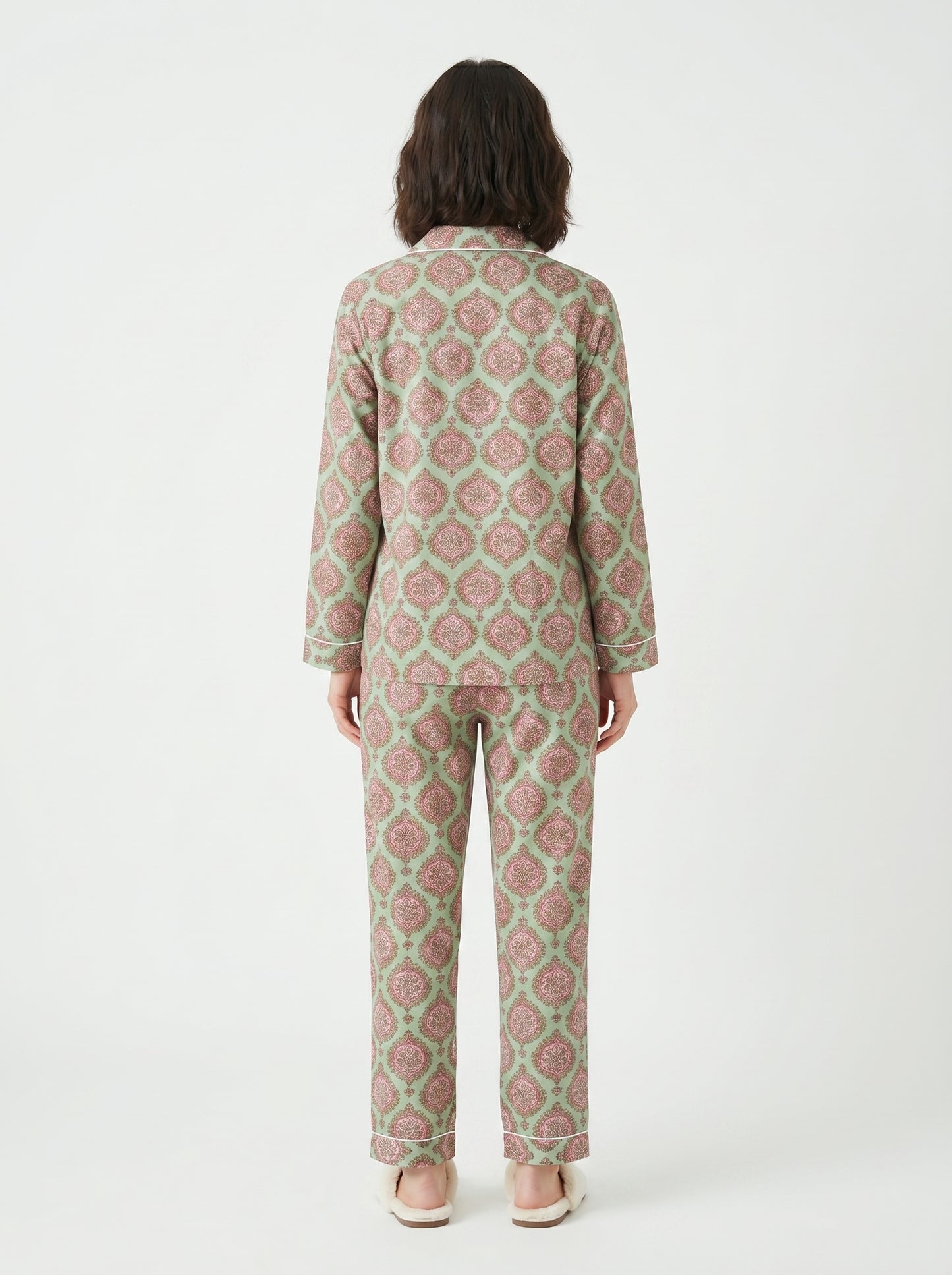 Women's Pastel Green Floral Cotton Night Suit Set – Two Piece Pajama Set