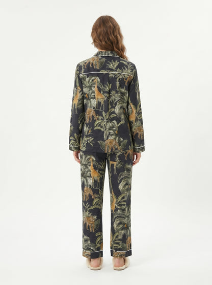 Women's Black Jungle Muse Cotton Night Suit Set – Elegant Two Piece Pajama Set