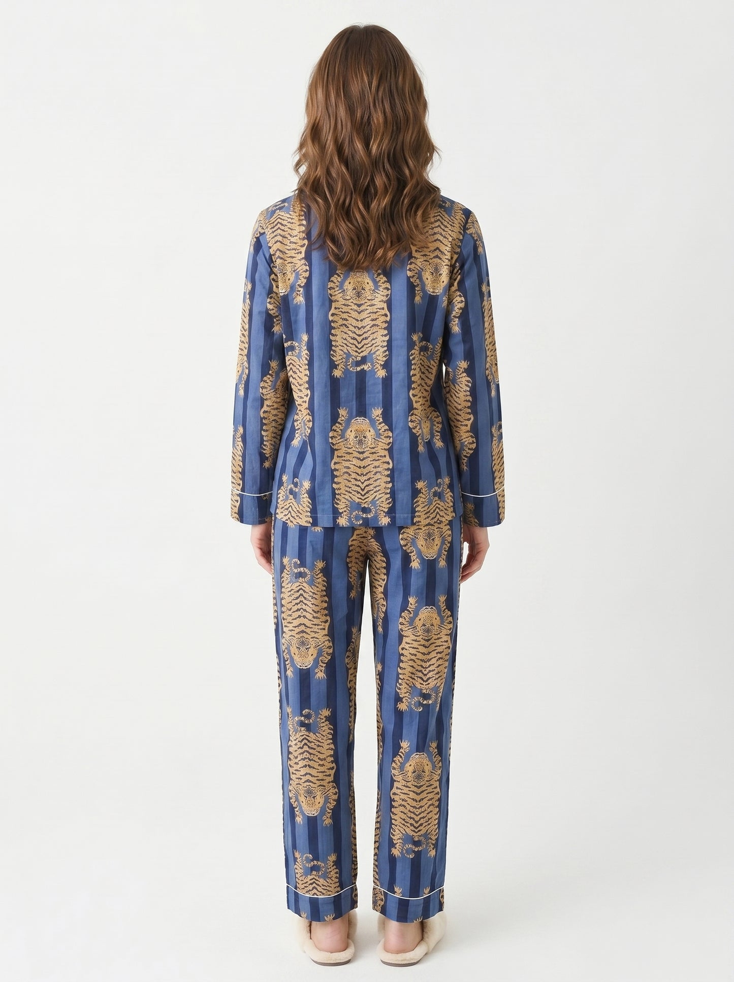 Women’s Blue Tibetan TigerPrint Cotton Night Suit Set – Elegant Two Piece Pajama Set