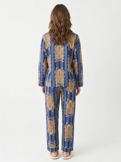 Women’s Blue Tibetan TigerPrint Cotton Night Suit Set – Elegant Two Piece Pajama Set