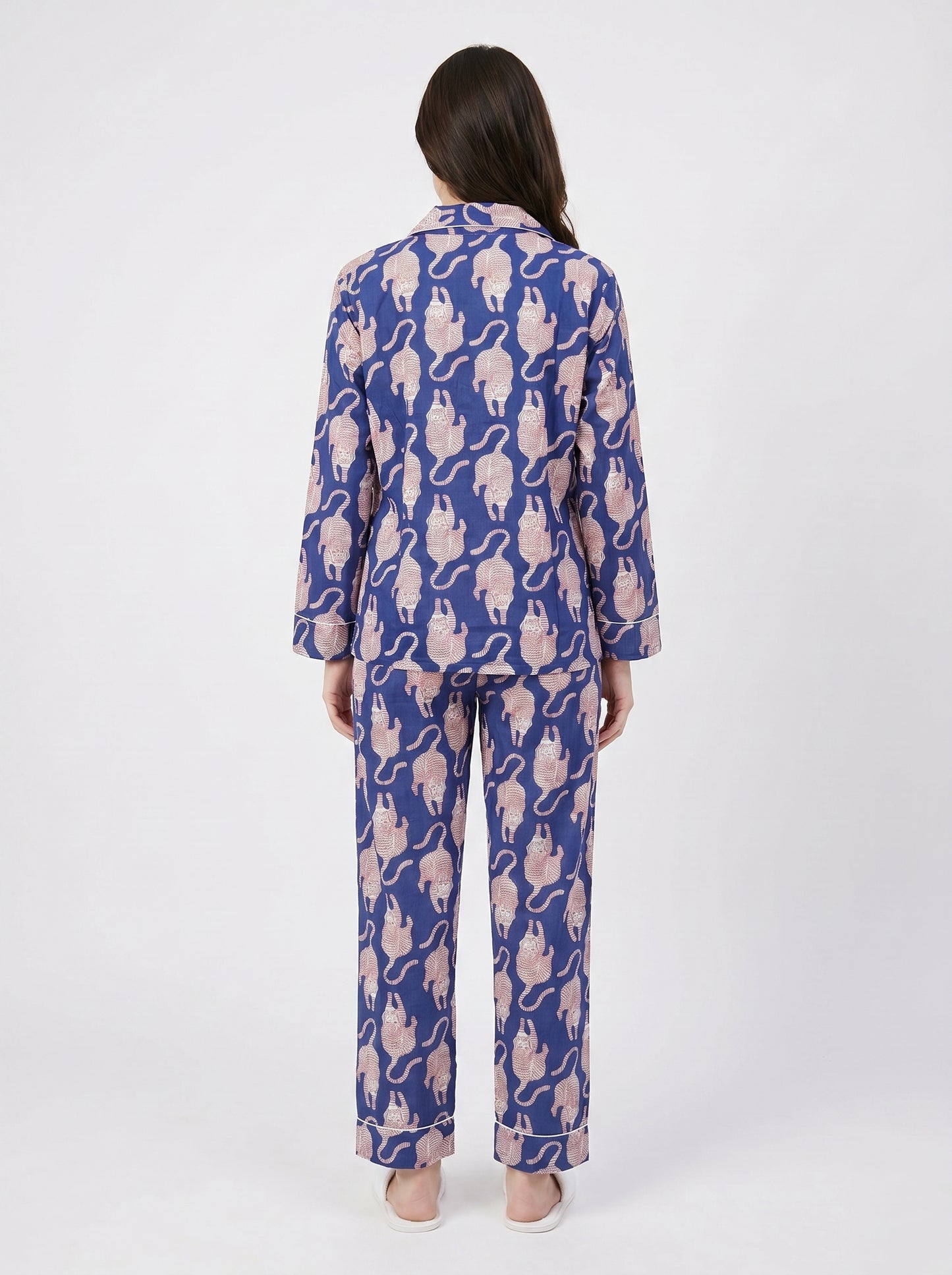 Women's Midnight Blue Tiger Print Cotton Night Suit Set – Elegant Two Piece Pajama Set