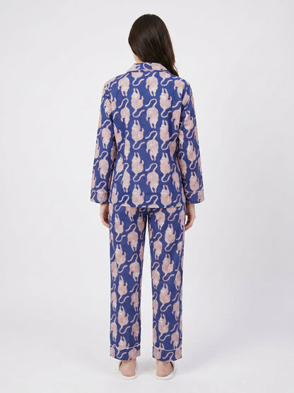 Women's Midnight Blue Tiger Print Cotton Night Suit Set – Elegant Two Piece Pajama Set