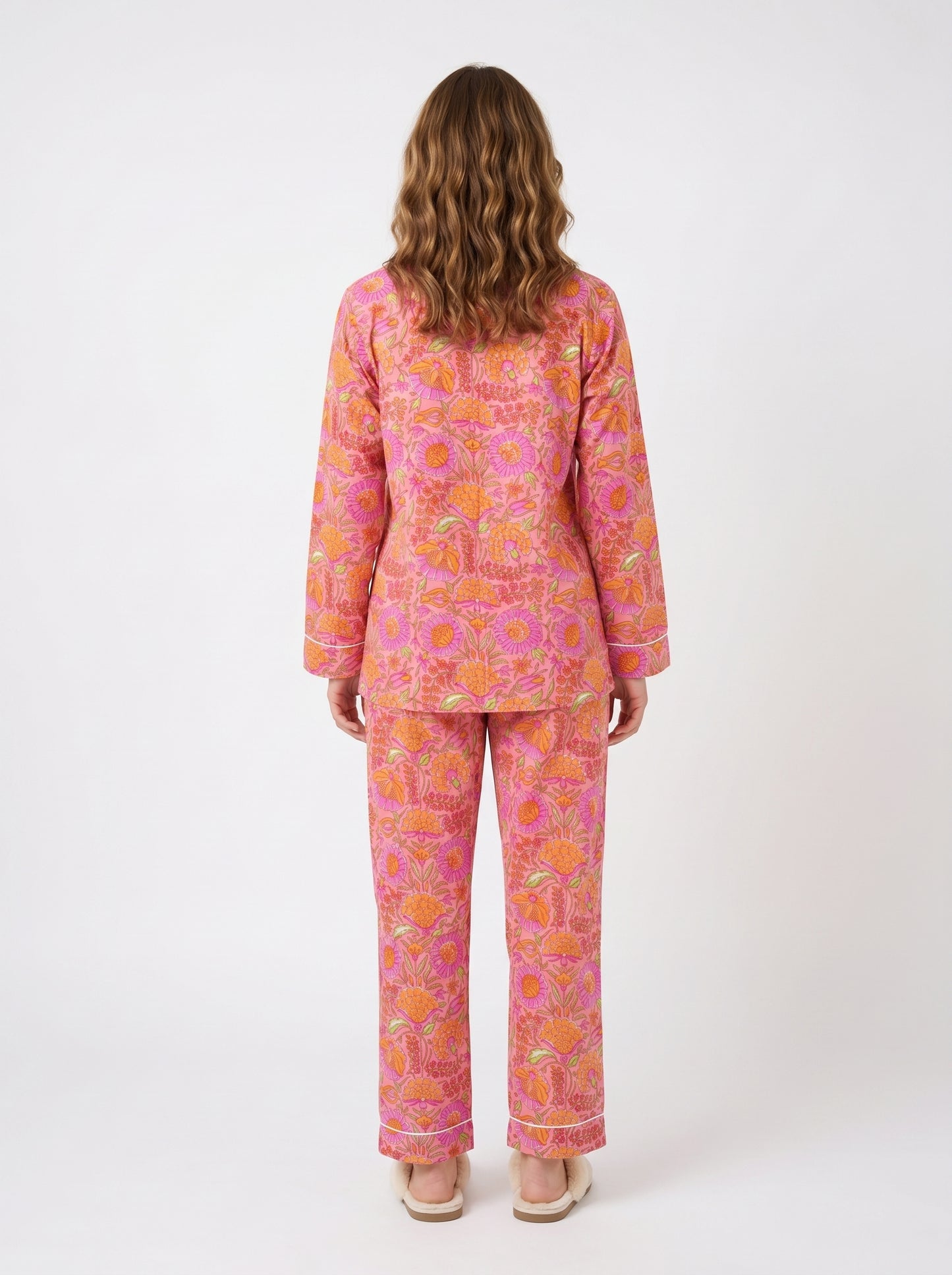 Women’s Pink Garden Dreams Print Cotton Night Suit Set – Elegant Two Piece Pajama Set