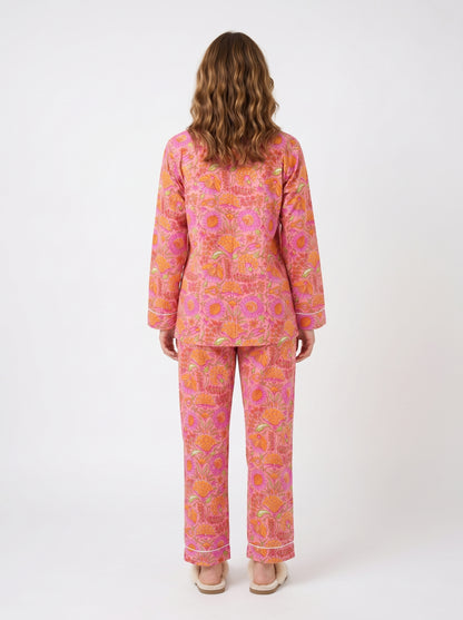 Women’s Pink Garden Dreams Print Cotton Night Suit Set – Elegant Two Piece Pajama Set