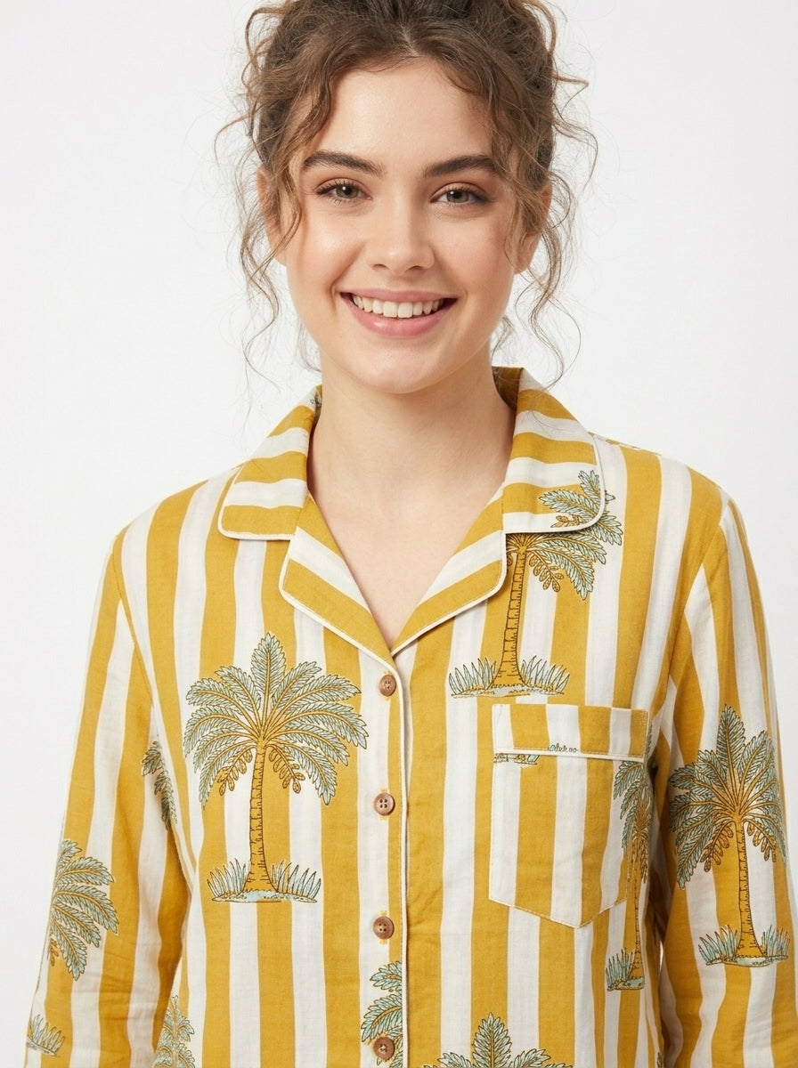 Women’s Yellow White Striped Palm Print Cotton Night Suit Set – Elegant Two Piece Pajama Set