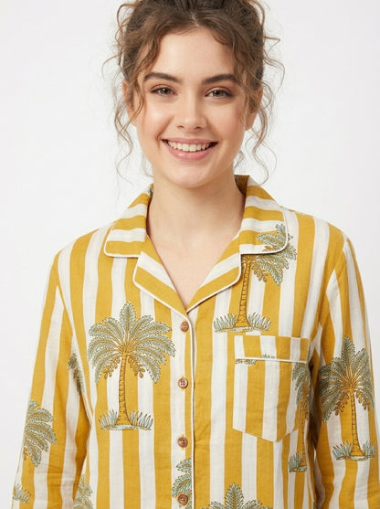 Women’s Yellow White Striped Palm Print Cotton Night Suit Set – Elegant Two Piece Pajama Set