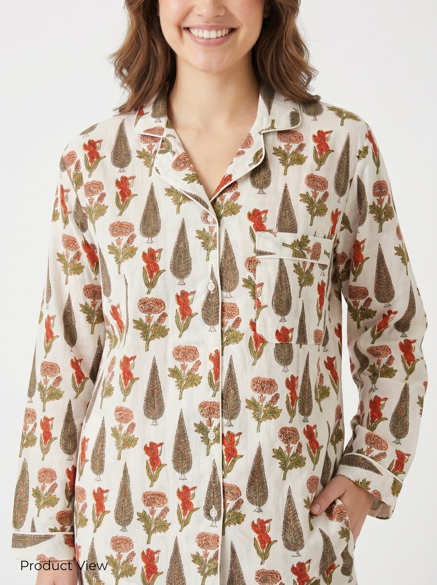 Women’s White Garden Whispers Print Cotton Night Suit Set – Cute Two Piece Pajama Set