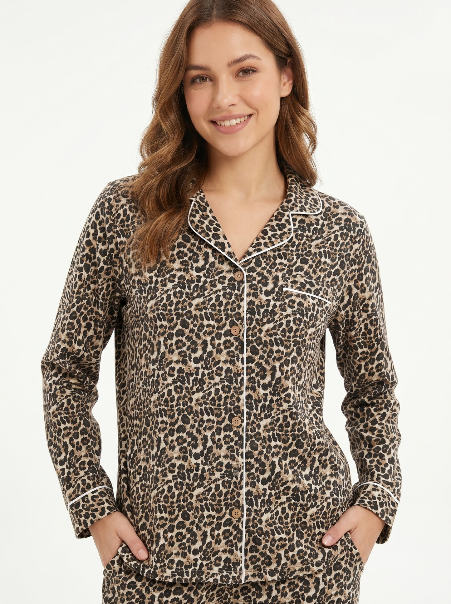 Women's Wild Brown Cheetah Nights Cotton Night Suit Set – Elegant Two Piece Pajama Set