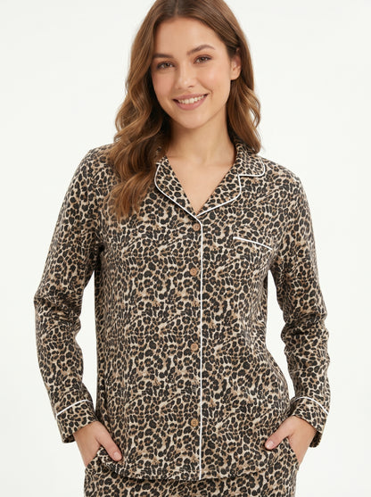 Women's Wild Brown Cheetah Nights Cotton Night Suit Set – Elegant Two Piece Pajama Set