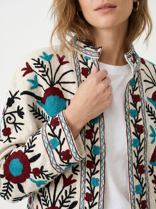 Women's White Floral Suzani Reversible Velvet Jacket – Artistic Embroidered Statement Jacket