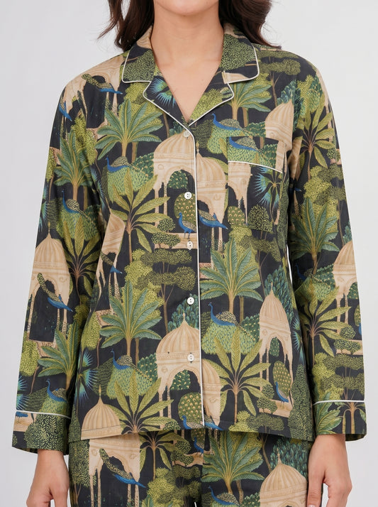 Women's Green Botanical Garden Peacock Print Cotton Night Suit Set – Elegant Two Piece Pajama Set