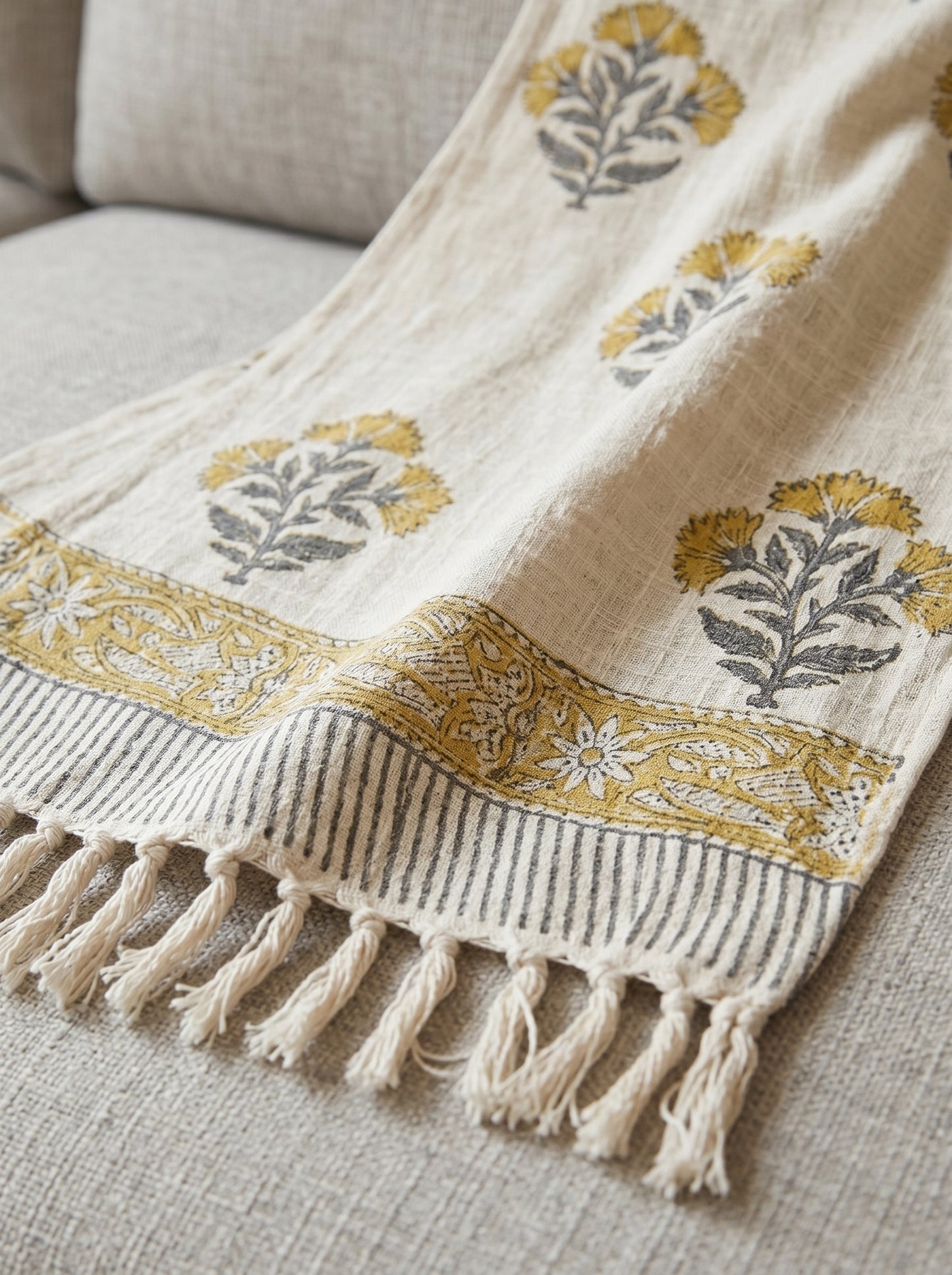 Golden Bloom Handblock Sofa Throw