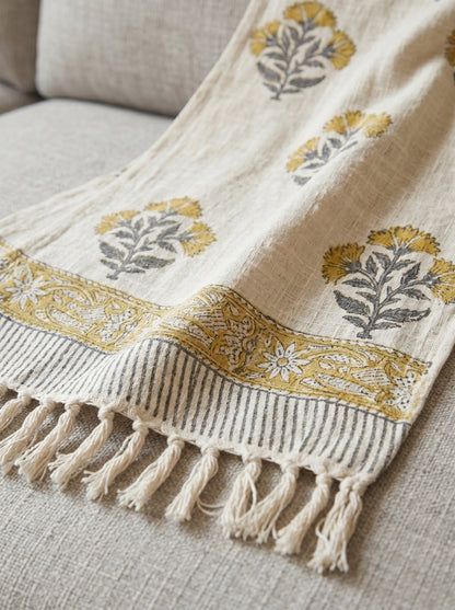 Golden Bloom Handblock Sofa Throw