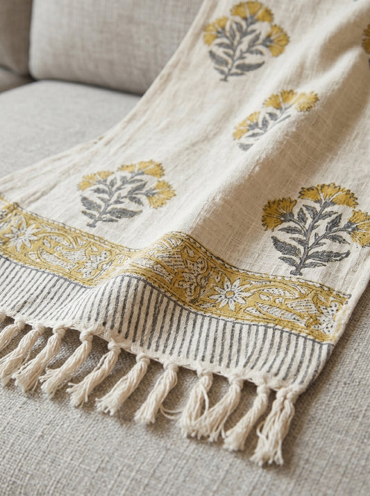 Golden Bloom Handblock Sofa Throw