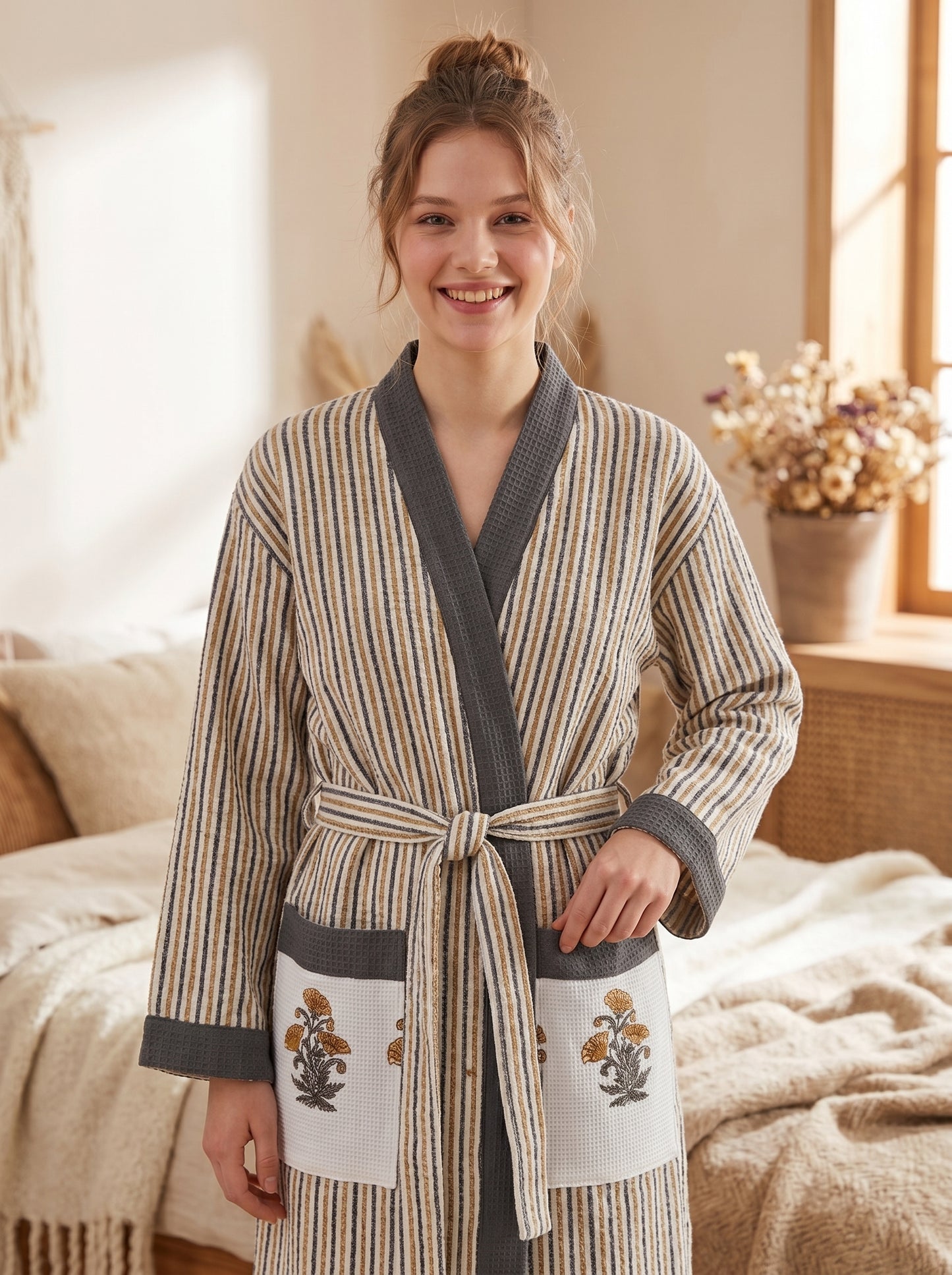 Sunshine Yellow Floral Striped Handblock Cotton Waffle Bathrobe –Luxury Spa Robe