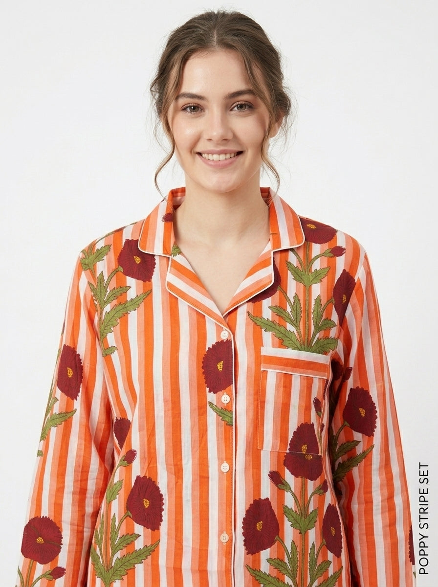 Orange Petal Dreams Print Cotton Night Suit Set – Elegant Two Piece Pajama Set