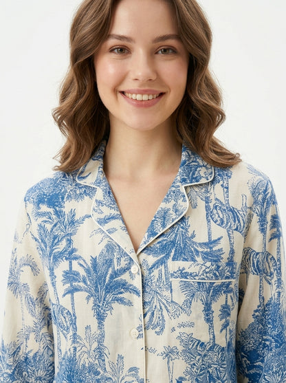 Women’s White Blue Jungle Print Cotton Night Suit Set - – Elegant Two Piece Pajama Set