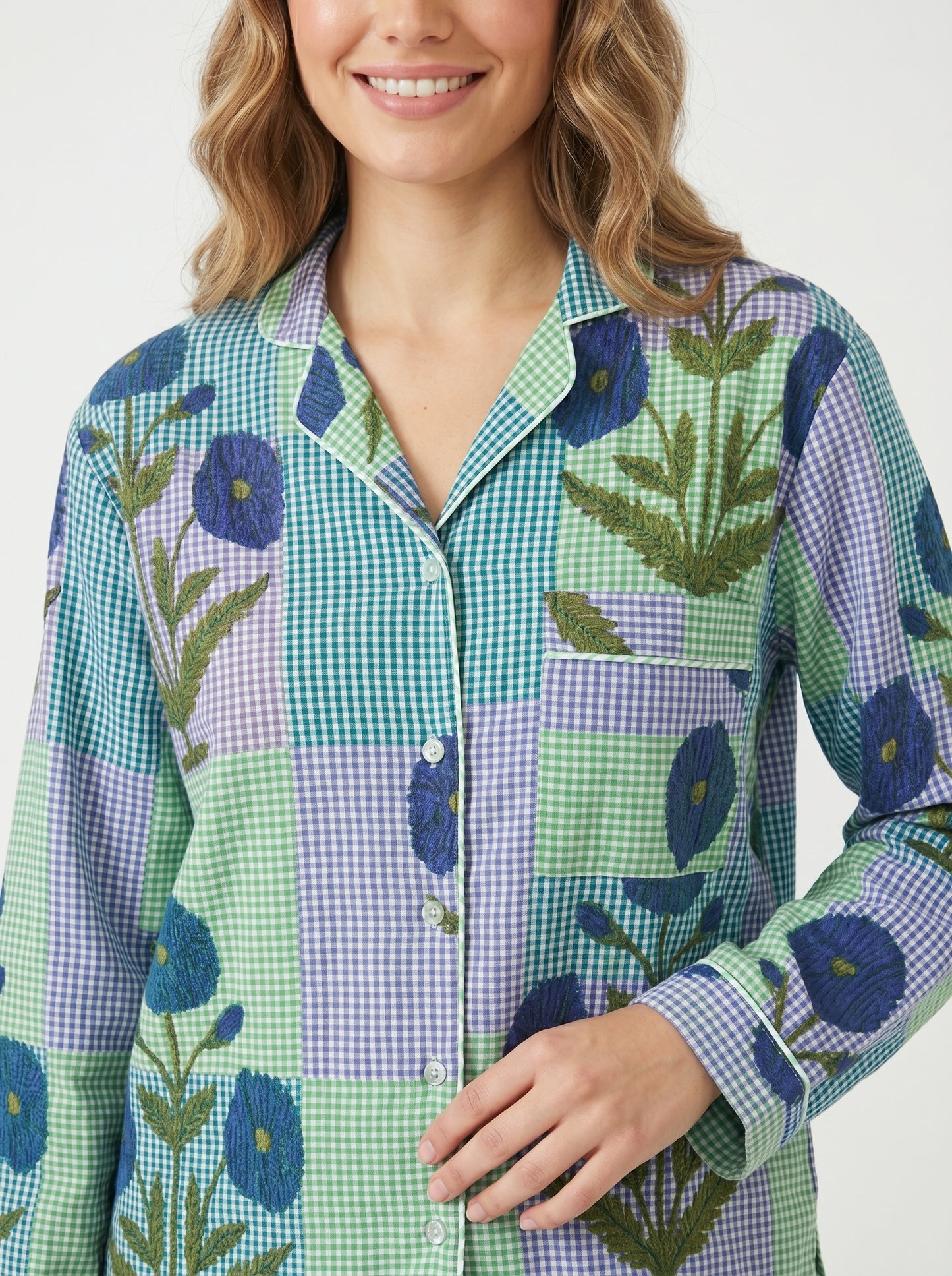 Women’s Blue Garden Checks Print Cotton Night Suit Set – Cute Two Piece Pajama Set
