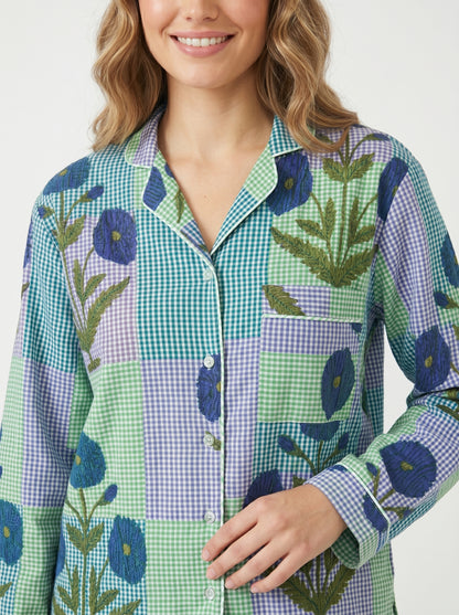 Women’s Blue Garden Checks Print Cotton Night Suit Set – Cute Two Piece Pajama Set