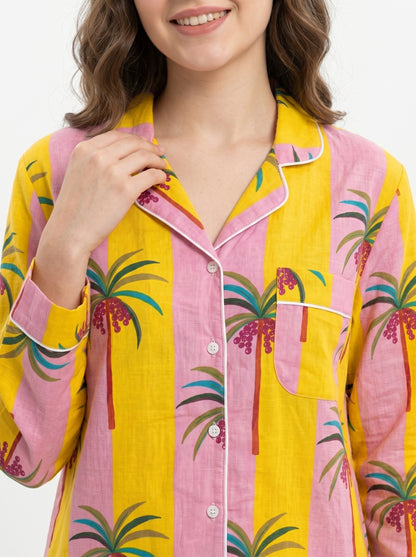 Women’s Yellow Pink Palm Breeze Stripes Cotton Night Suit Set – Cute Two Piece Pajama Set