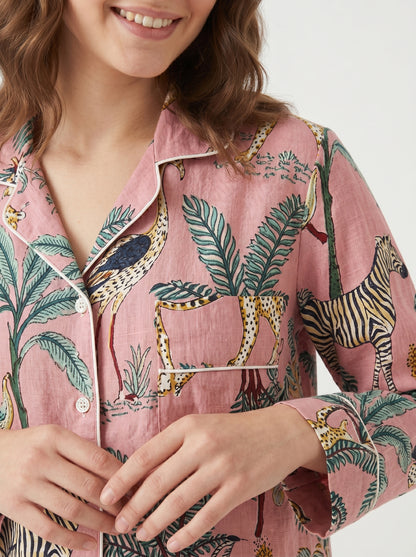 Women's Rosewood Pink Safari Cotton Night Suit Set – Elegant Two Piece Pajama Set