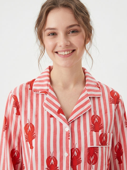 Women’s Orange White Striped Lobster Print Cotton Night Suit Set– Cute Two Piece Pajama Set
