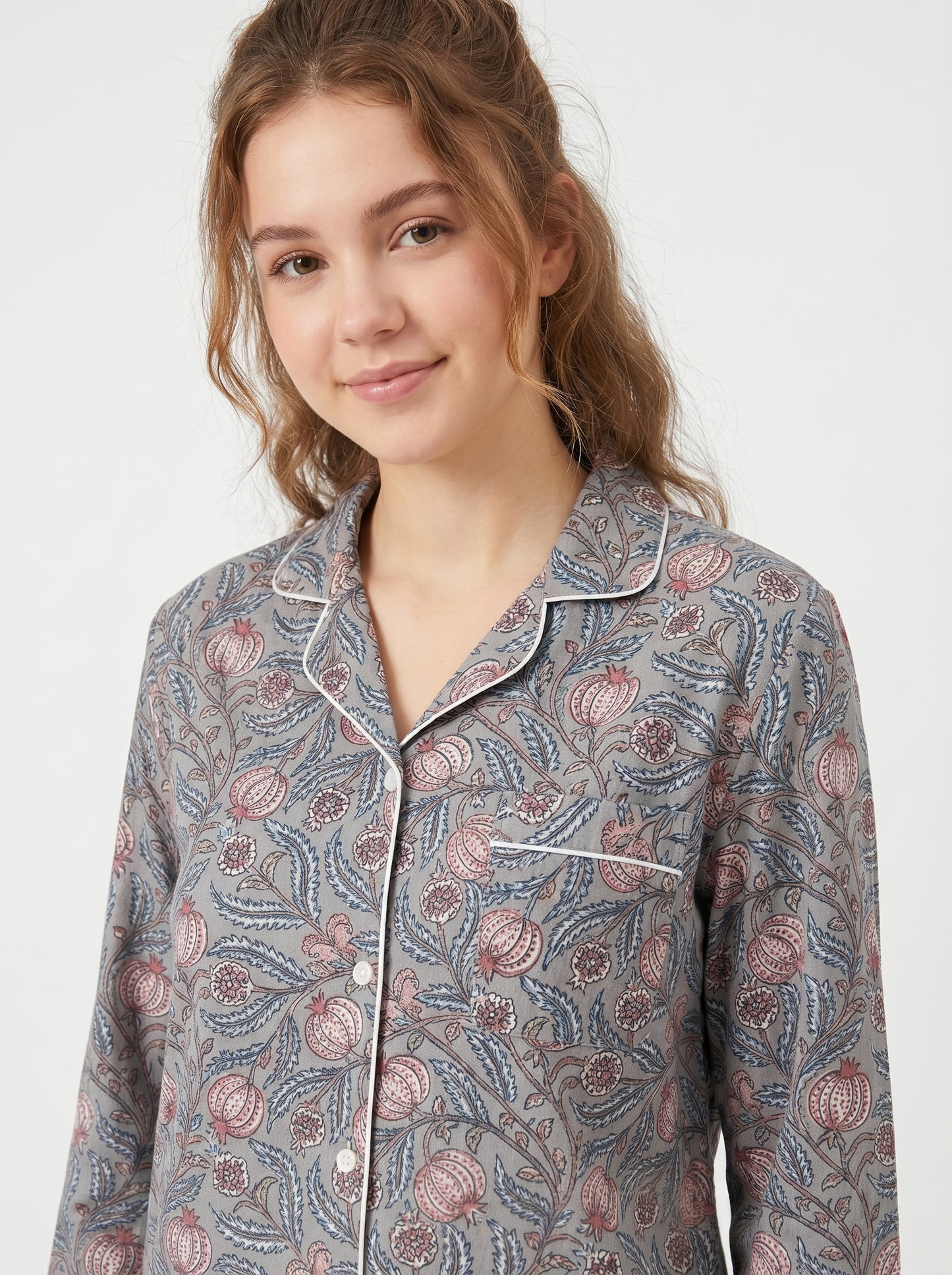 Women’s Grey Floral Cotton Night Suit Set– Cute Two Piece Pajama Set
