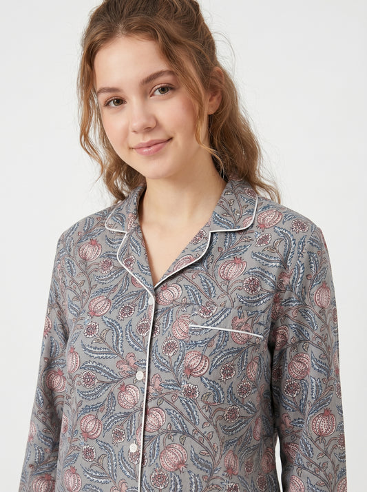 Women’s Grey Floral Cotton Night Suit Set– Cute Two Piece Pajama Set