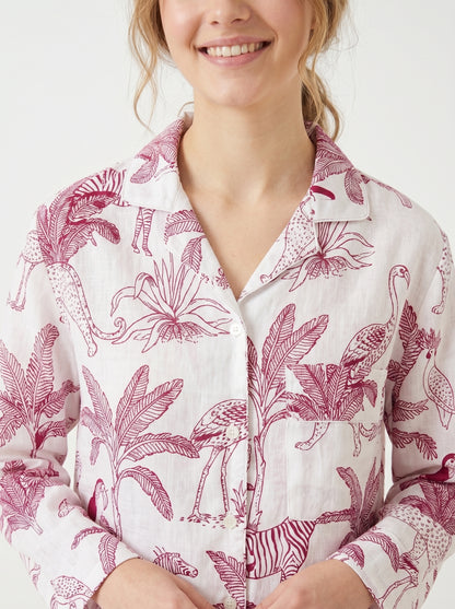 Women's White Pink Jungle Cotton Night Suit Set – Elegant Two Piece Pajama Set